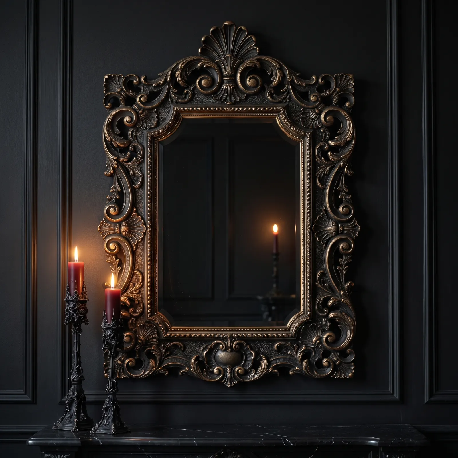 A black baroque frame with scrolled corners above two candlesticks