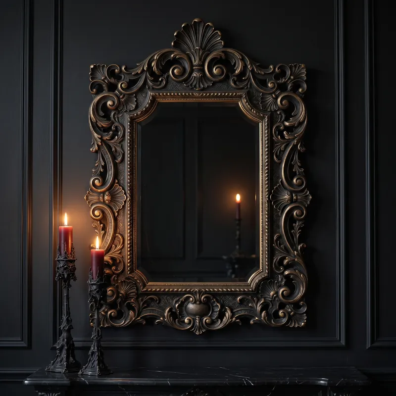 A black baroque frame with scrolled corners above two candlesticks