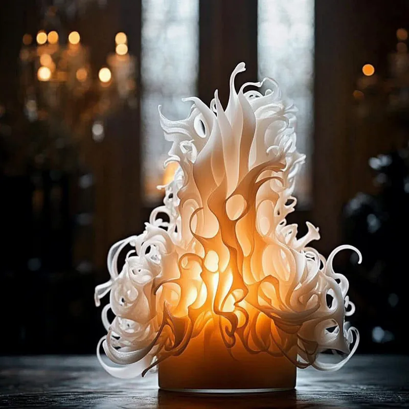 A white sculptural candle with tendrils curling upward like flames, glowing amber