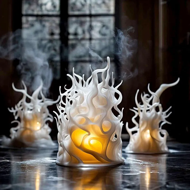Three white flame-shaped sculptural candles of different heights glowing on a dark table