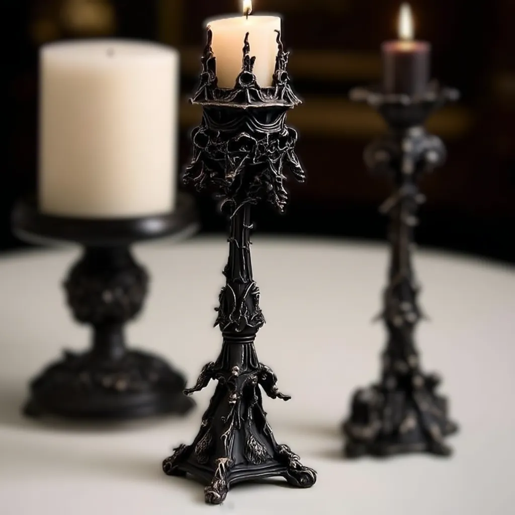 A Sankktum candlestick holding a lit pale candle
