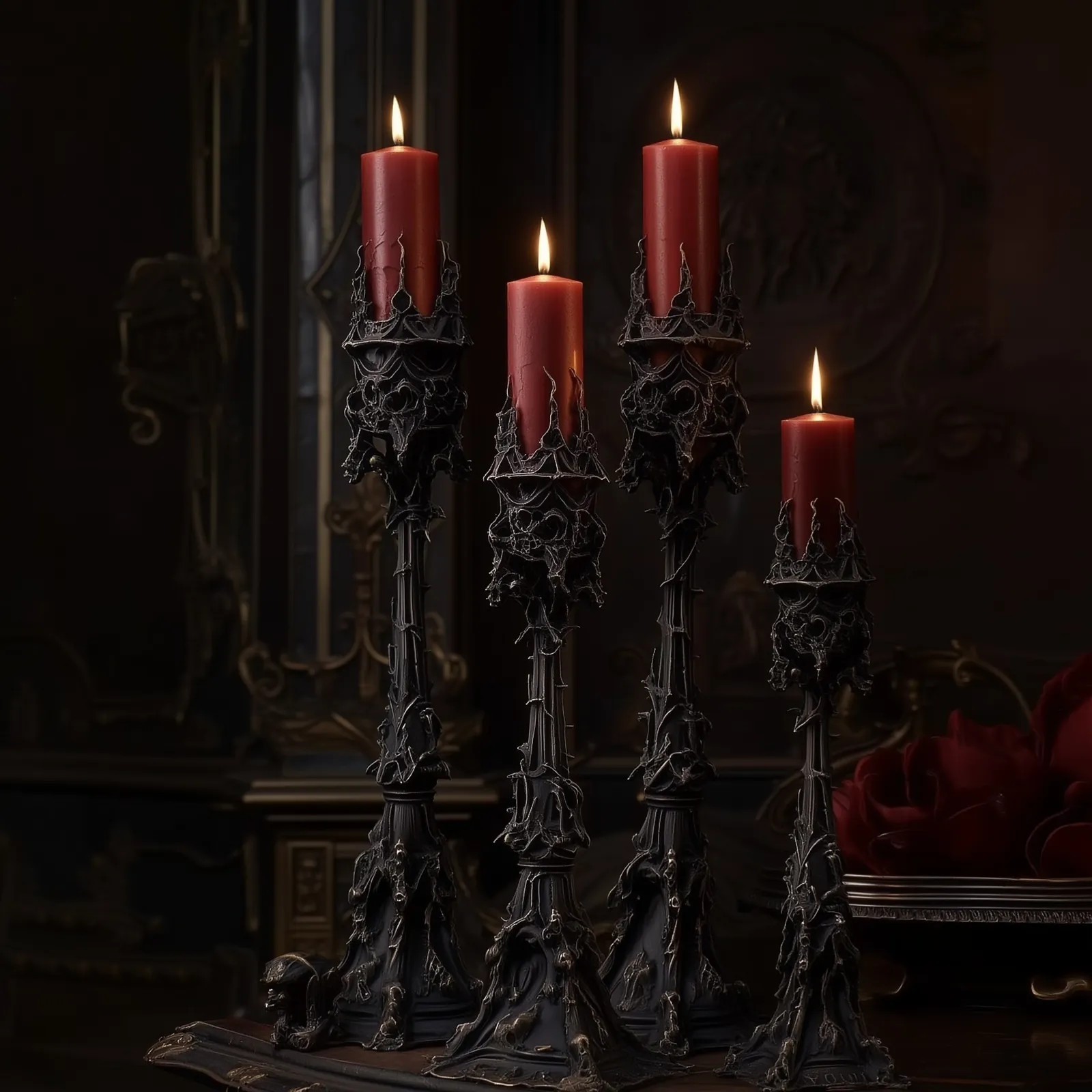 Four tall black Sankktum candlesticks with red candles in a dark room