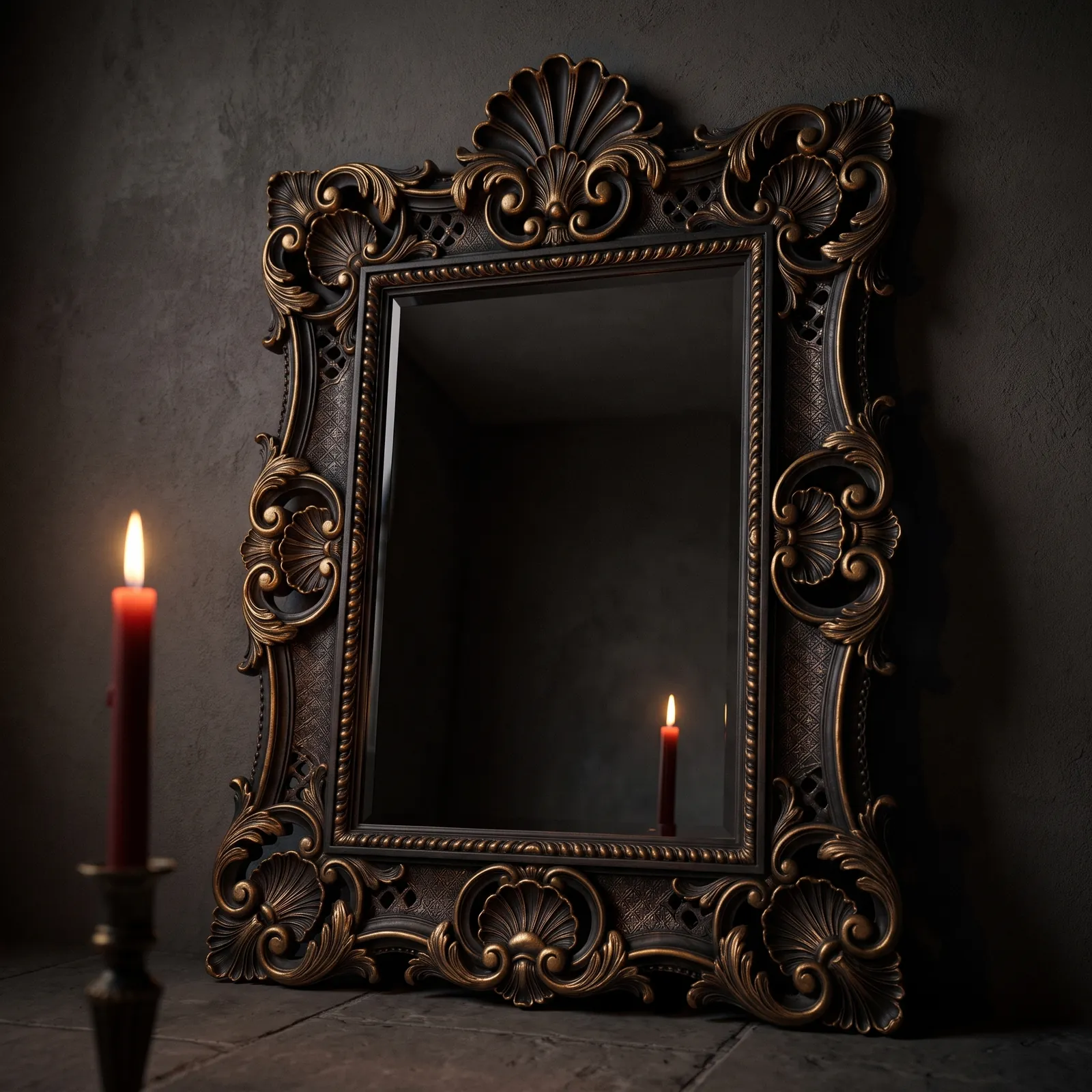 A black and bronze baroque mirror with a shell crest, leaning against a dark wall