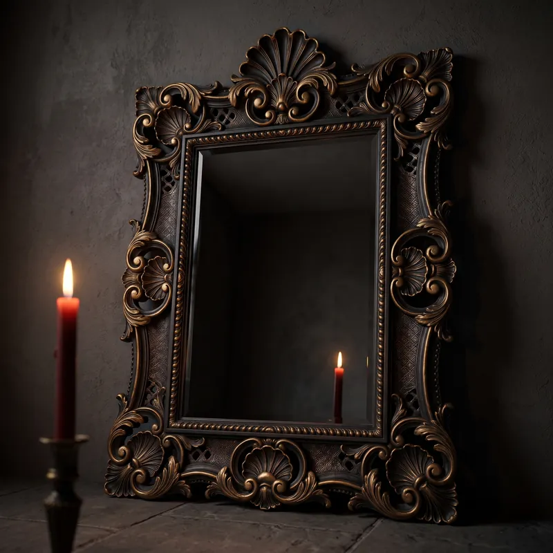 A black and bronze baroque mirror with a shell crest, leaning against a dark wall
