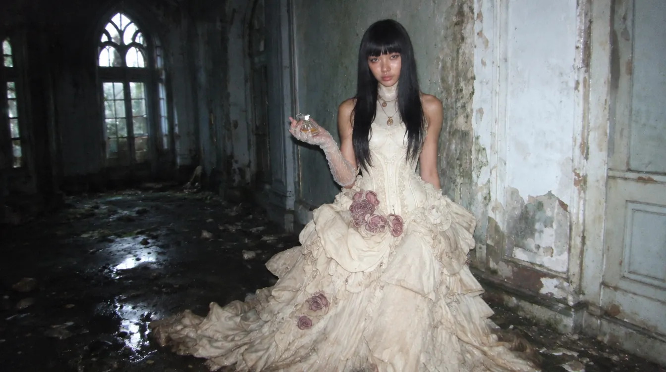 A woman in an ivory gown holds a small flacon against a peeling palace wall