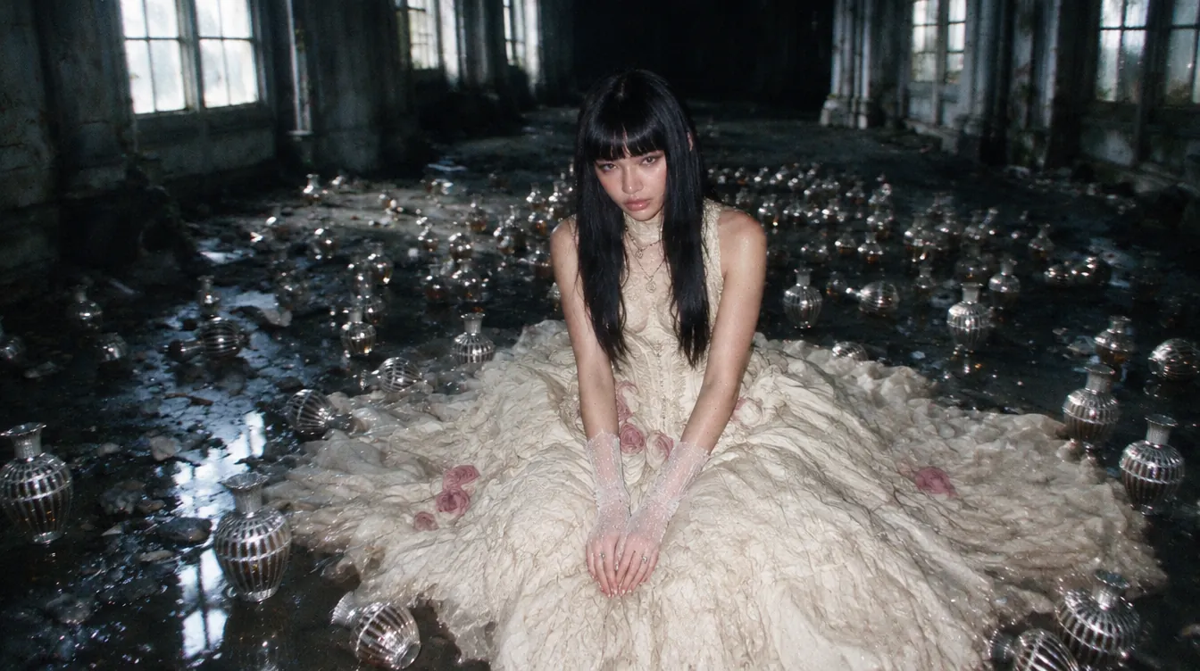 Crystal flacons scattered across the flooded floor of a gothic hall around a kneeling woman