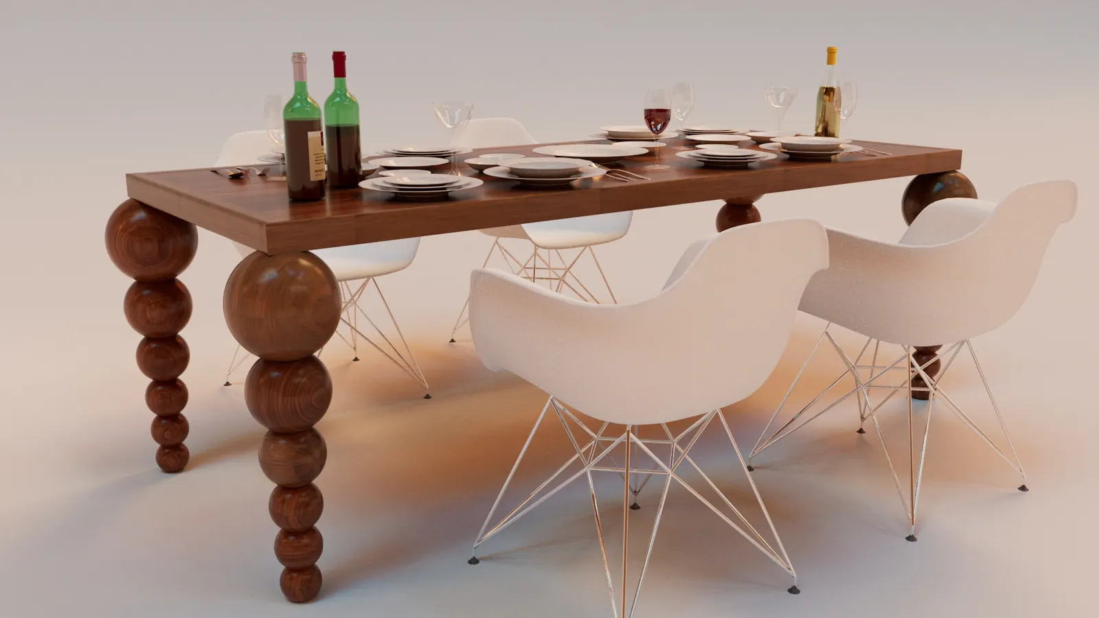 Lamps and tables built from wooden spheres.
