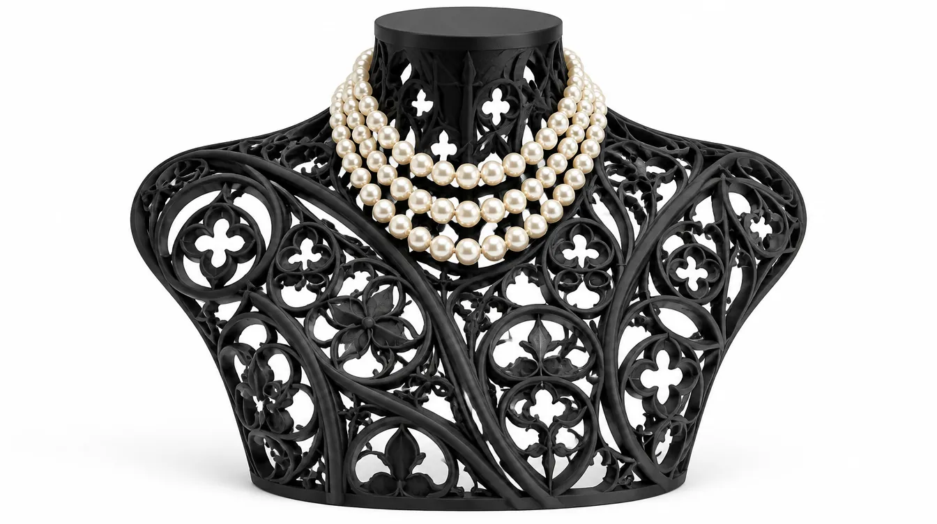A wide black tracery bust with a four-strand pearl choker at the neck, on white