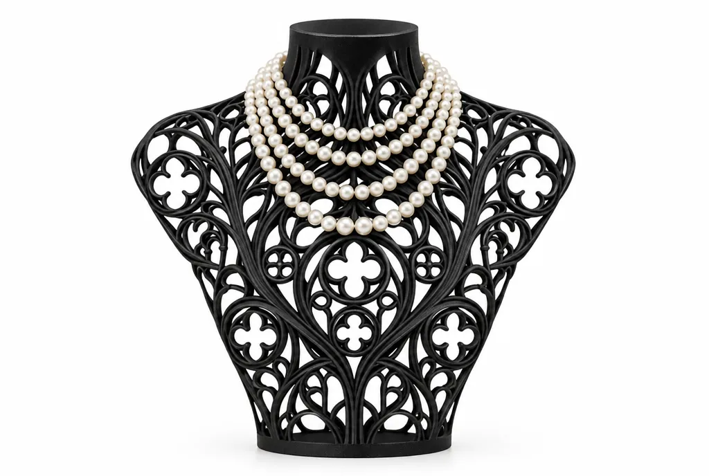 A black filigree bust with five strands of pearls across the chest, on white