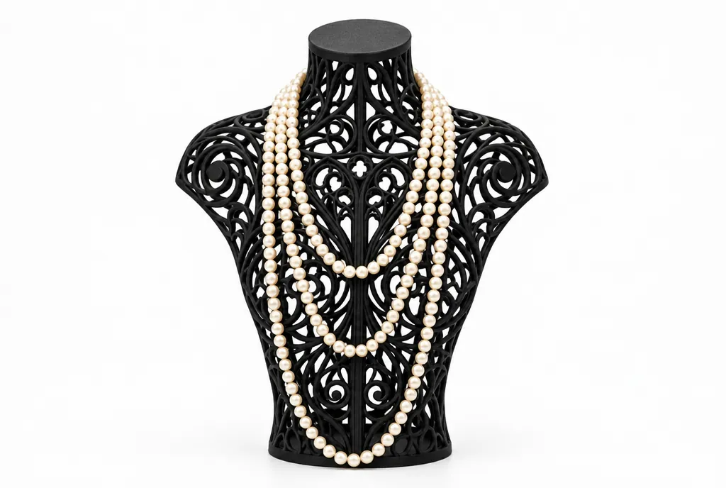 A matte black jewellery bust in open gothic tracery, long ropes of pearls hanging in tiers, on white