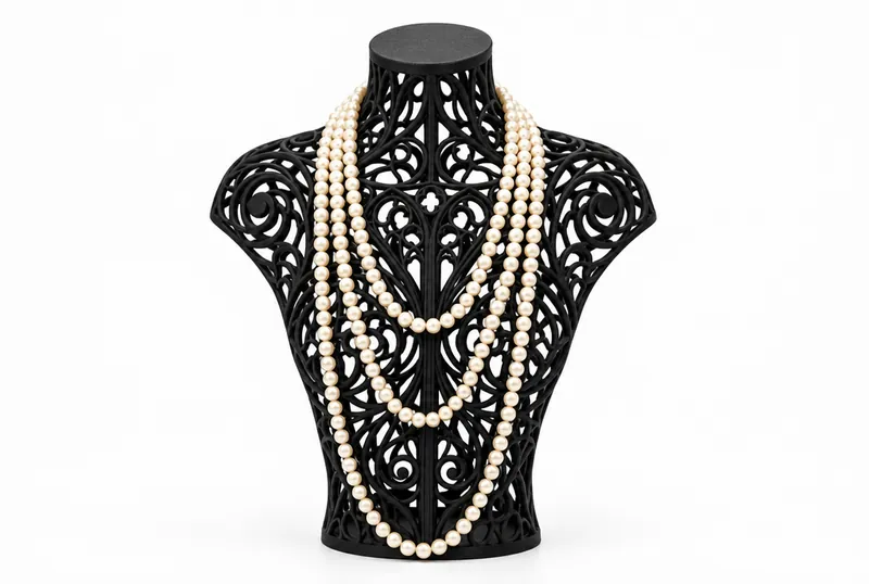 A matte black jewellery bust in open gothic tracery, long ropes of pearls hanging in tiers, on white