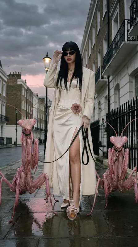 A woman in an ivory satin slip dress and long coat walks two giant pink mantises on leashes down a wet London street, the PERDIMI bottle at her feet