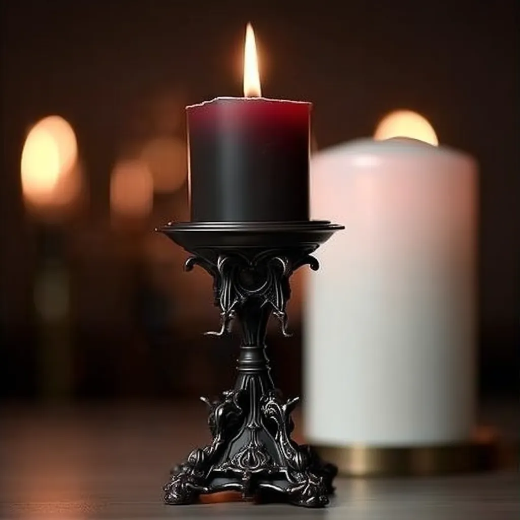 The Sankktum pillar holder with a dark red pillar candle, warm lights behind