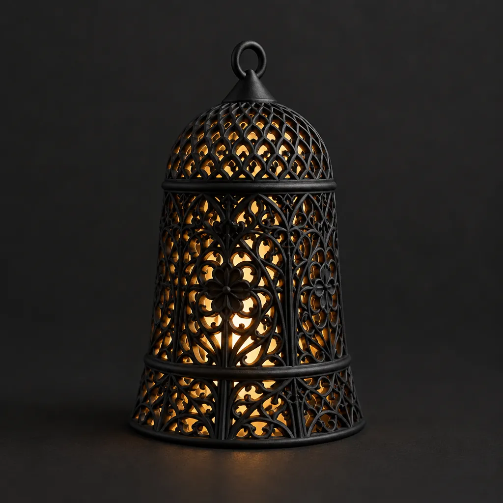 A black bell-shaped lantern pierced all over, glowing gold from within
