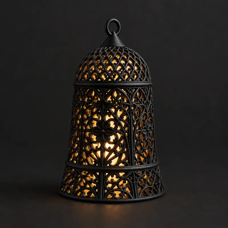 A black bell-shaped lantern pierced all over, glowing gold from within