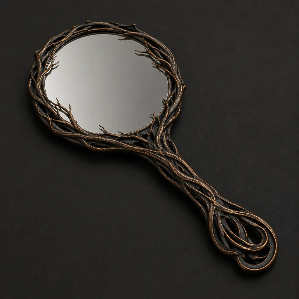A hand mirror with a dark bronze frame of twisting branches