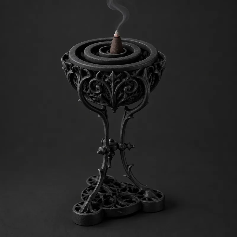 A black coiled incense censer on curved legs, a thread of smoke rising from a cone