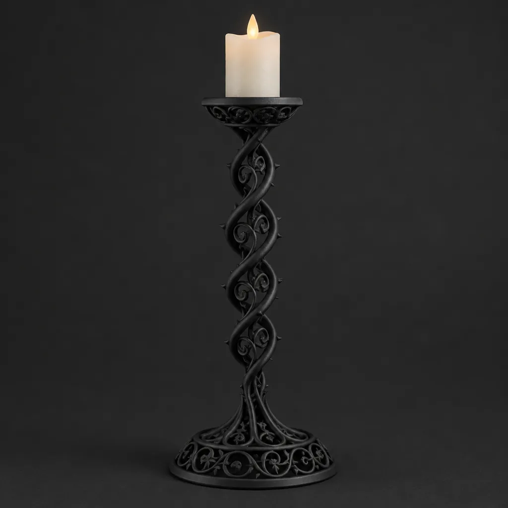 A tall black twisted candlestick of interlocking spirals holding a pale pillar candle
