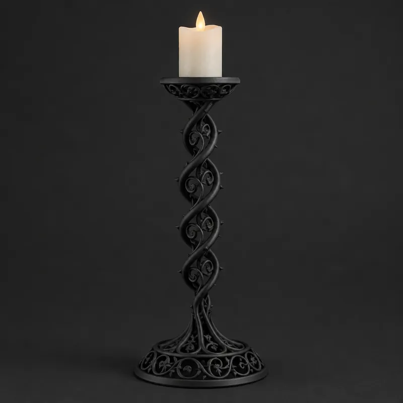 A tall black twisted candlestick of interlocking spirals holding a pale pillar candle
