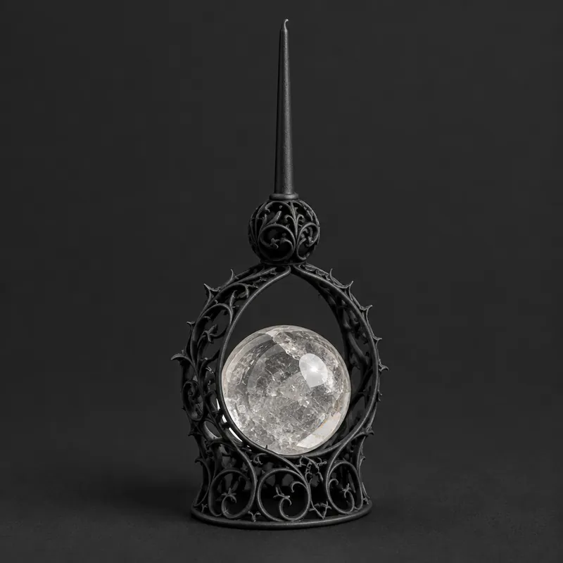 A black fretwork arch with a slim spire, holding a clear crystal sphere