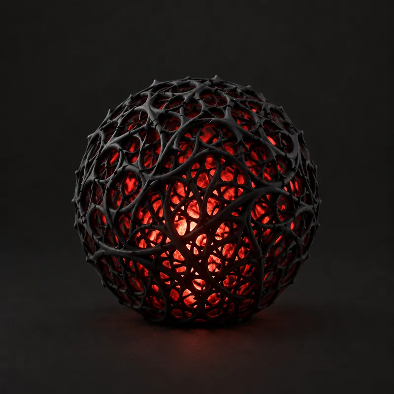 A black thorned lattice sphere glowing deep red from inside