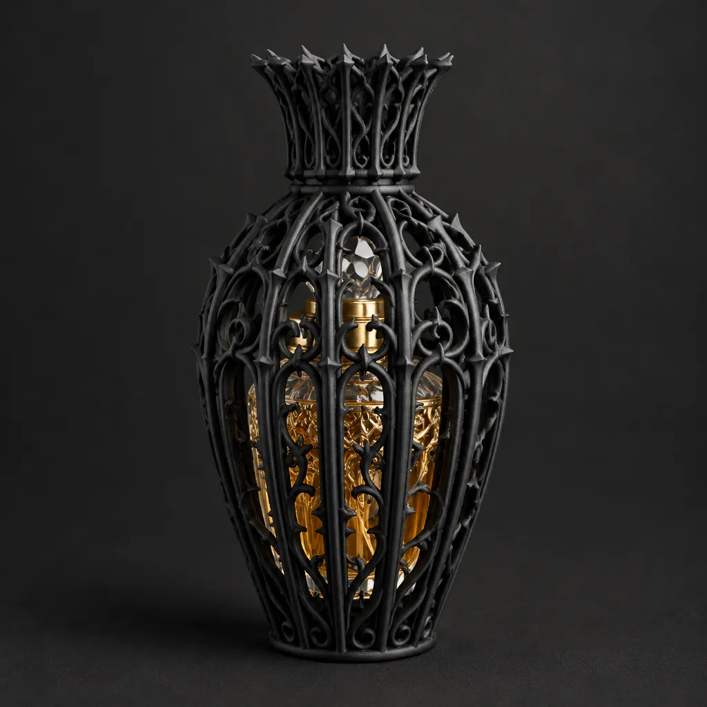 A black crowned fretwork cage holding a crystal perfume bottle