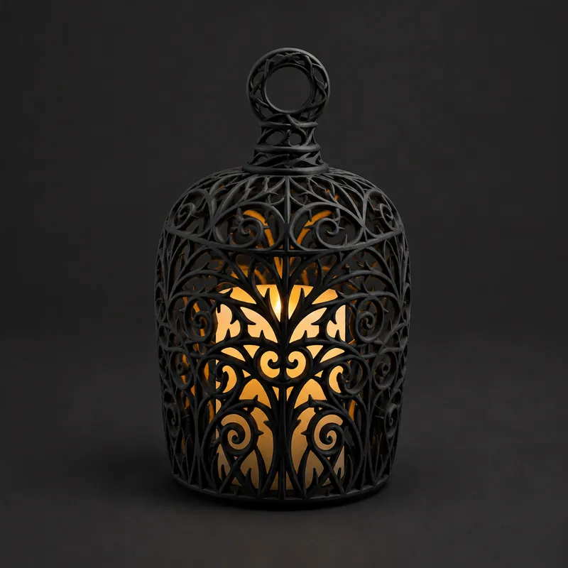 A domed black lace-pierced cover glowing gold, with a ring at its top
