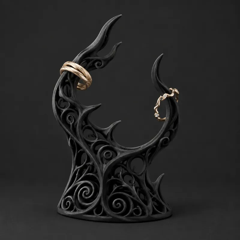 A sculptural black ring tree of curling flame-like spurs, two gold rings hanging from it