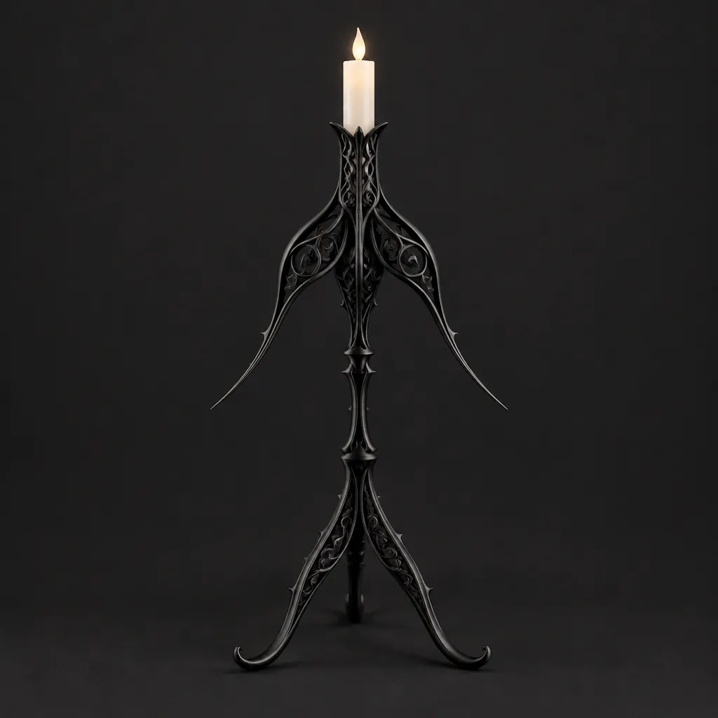 A slim matte black candlestick with three long tapering tails, holding a pillar candle