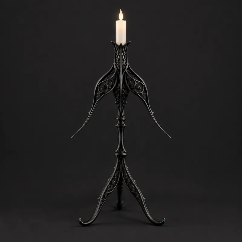 A slim matte black candlestick with three long tapering tails, holding a pillar candle