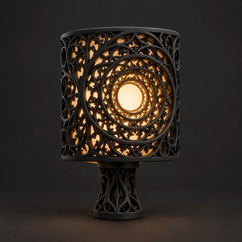 A cylinder of concentric black fretwork rings glowing gold around a bright centre
