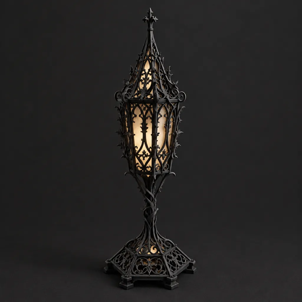 A tall black lantern with a pointed spire and a glowing pierced glass window