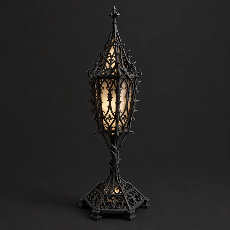A tall black lantern with a pointed spire and a glowing pierced glass window