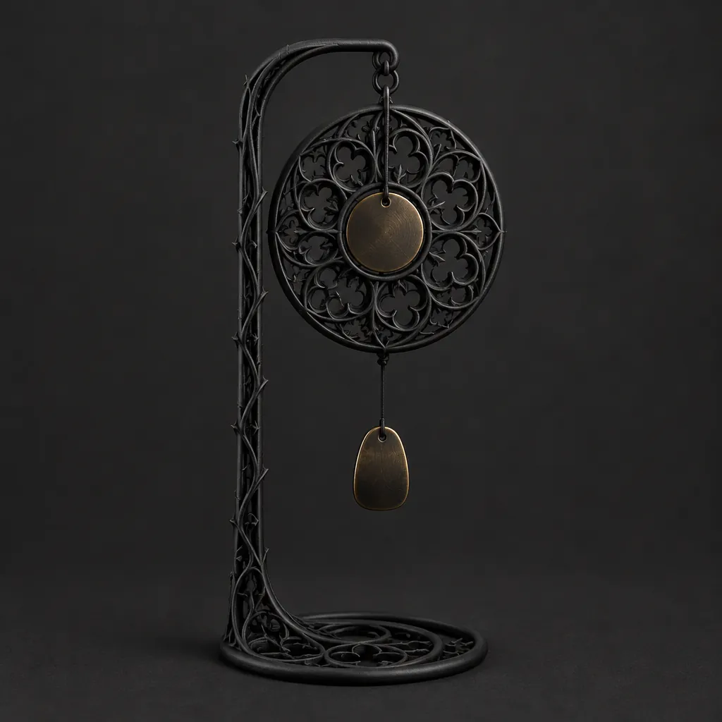 A black rose-window tracery disc hanging from a curved stand, a brass disc and a drop below it
