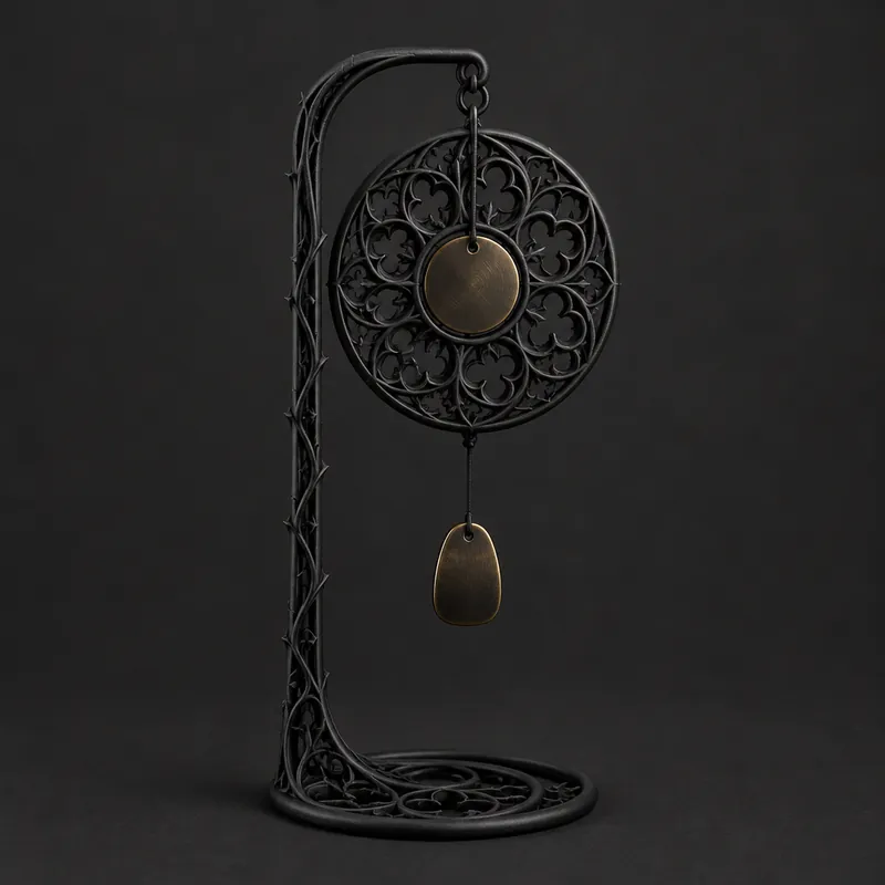 A black rose-window tracery disc hanging from a curved stand, a brass disc and a drop below it