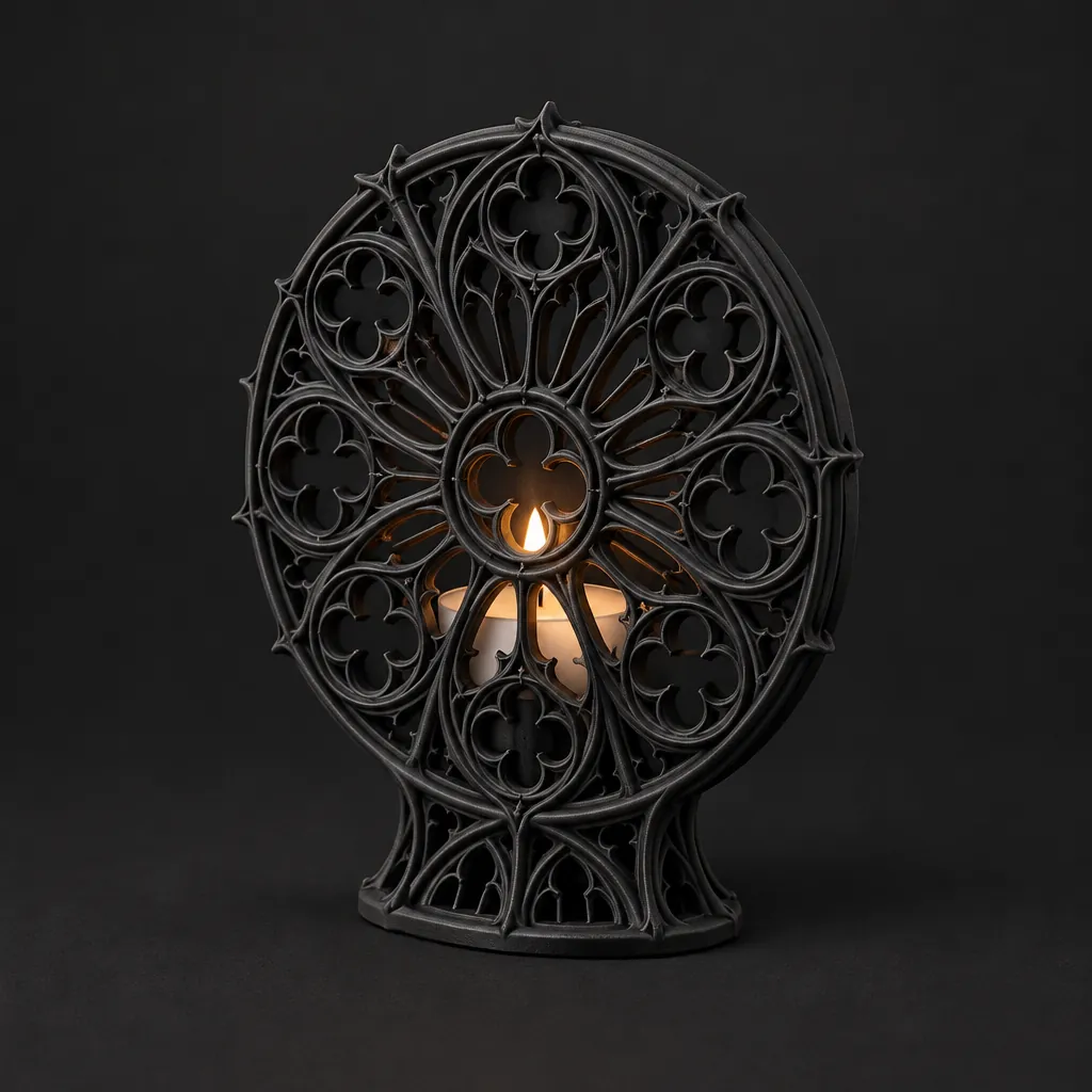A black rose-window disc on a plinth with a small light glowing behind its tracery