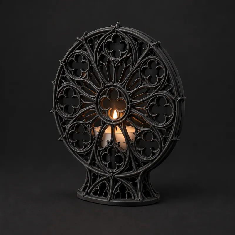 A black rose-window disc on a plinth with a small light glowing behind its tracery