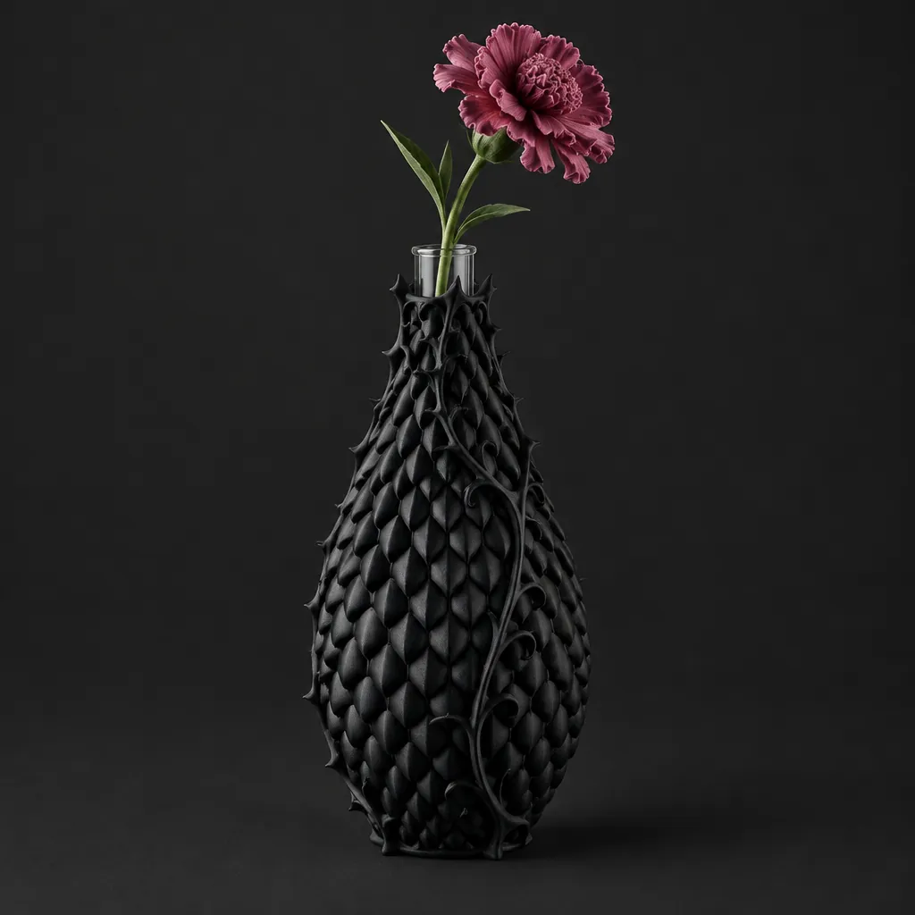 A black bud vase covered in overlapping scales, a single dark red carnation rising from it