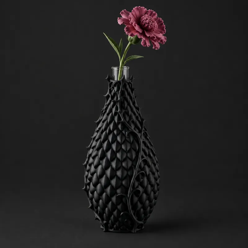 A black bud vase covered in overlapping scales, a single dark red carnation rising from it