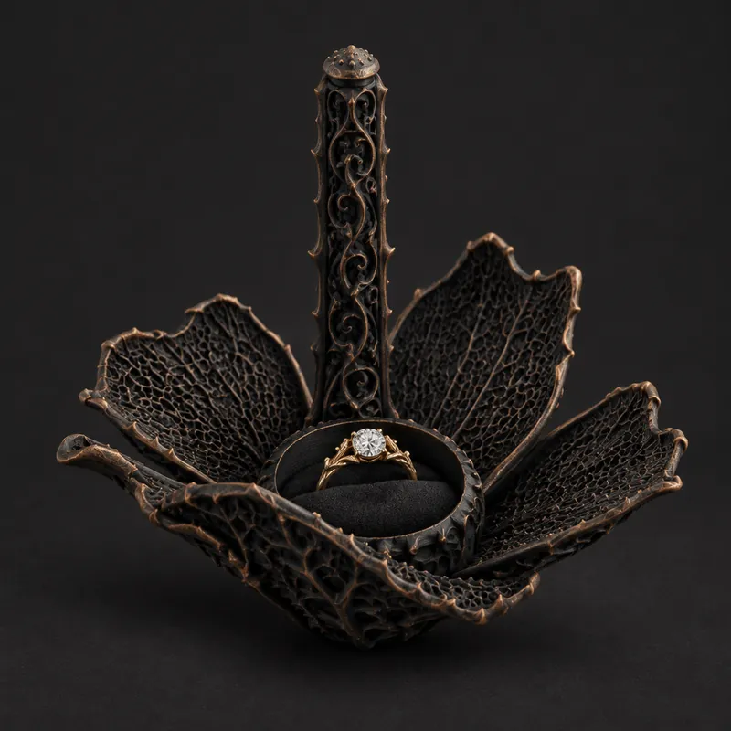 A black seed pod opened into petals, a diamond ring resting on the cushion at its centre