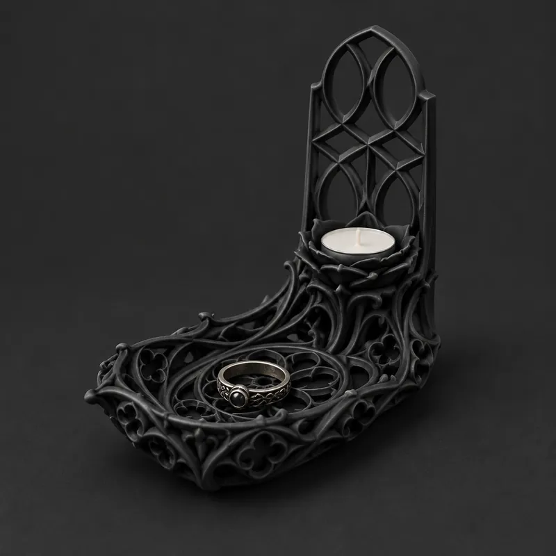 A black tracery ring dish with a cathedral window frame holding a tealight, a silver ring resting in the dish
