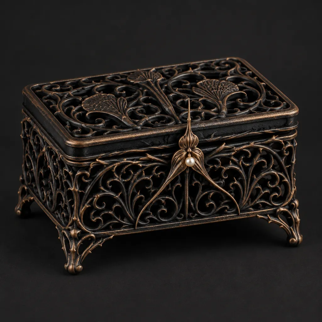 An ornate filigree trinket box in black and bronze on small curled feet