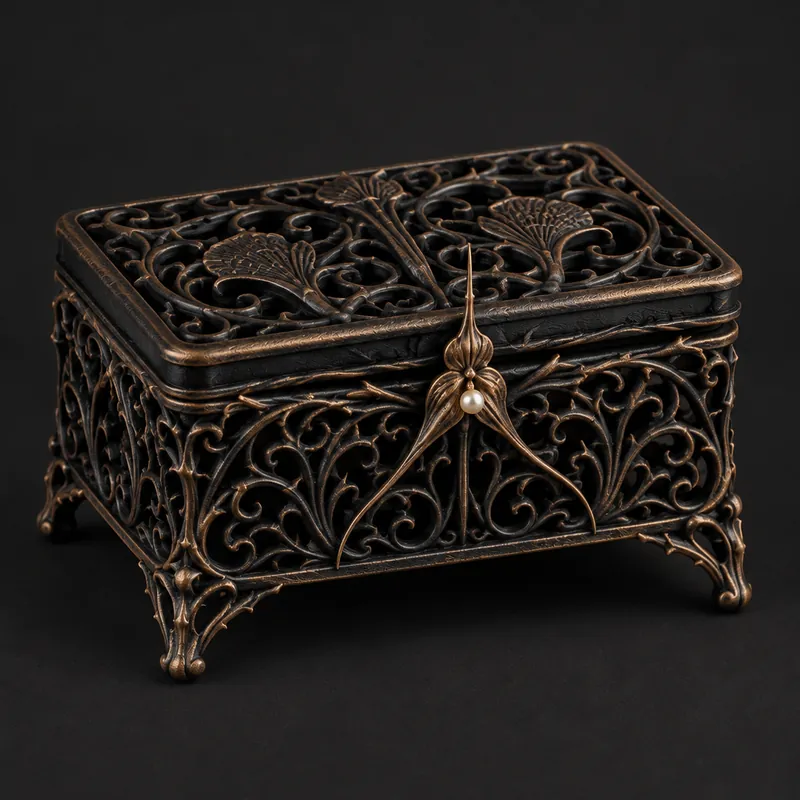 An ornate filigree trinket box in black and bronze on small curled feet
