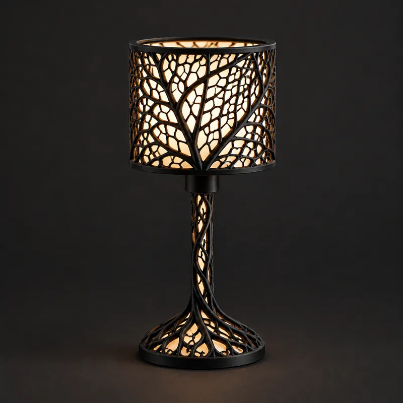 A black lantern with a leaf-vein lattice shell glowing warmly, on a slim pierced stem