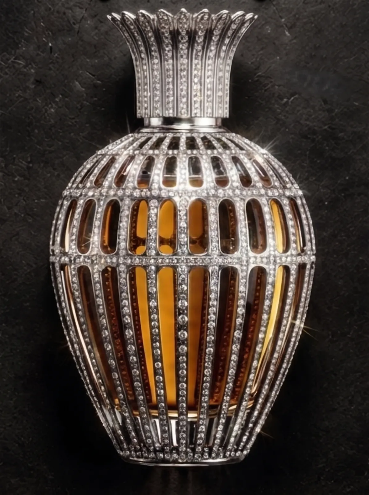 The VENENVM flacon, caged in crystal with a crowned stopper, on dark stone